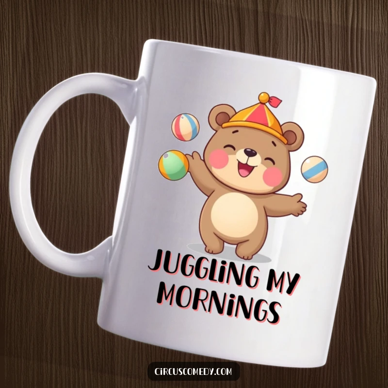 Funny bear mug featuring a cute bear juggling colorful circus balls with a happy grin, showcasing circus talent.