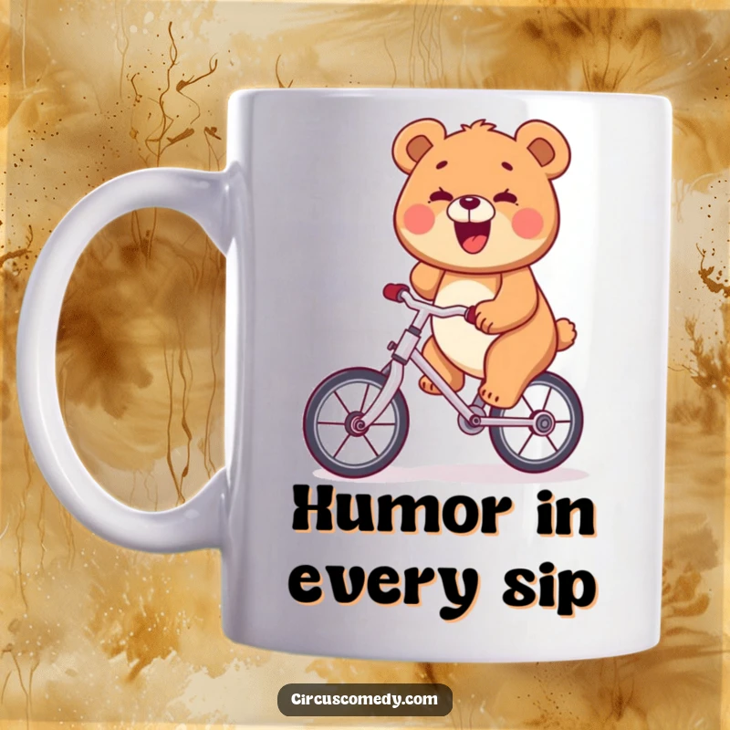 Funny delighted bear with a huge smile riding a unicycle, on a mug, cheerful and humorous gift.
