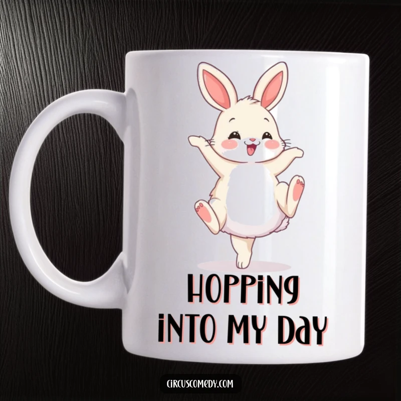 Funny mug depicting a fluffy bunny performing a cartwheel with a flourish and a happy, determined expression.