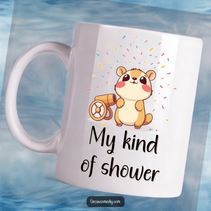 Funny mug showing a wide-eyed animal startled by a confetti cannon blast, capturing a moment of pure, hilarious surprise.