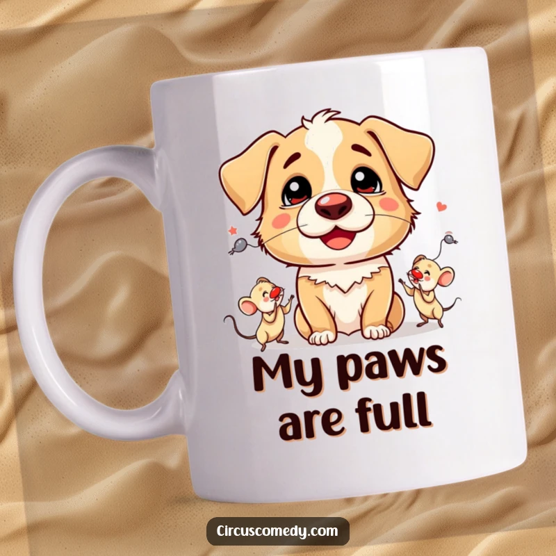 Funny Dog Mug with a silly clown nose, expertly juggling three tiny mice in a chaotic circus act.