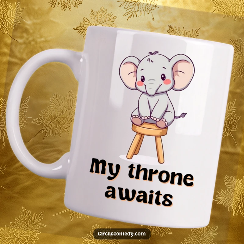 Funny mug with a joyful elephant precariously balancing on a tiny stool, showcasing its determination and charming silliness.