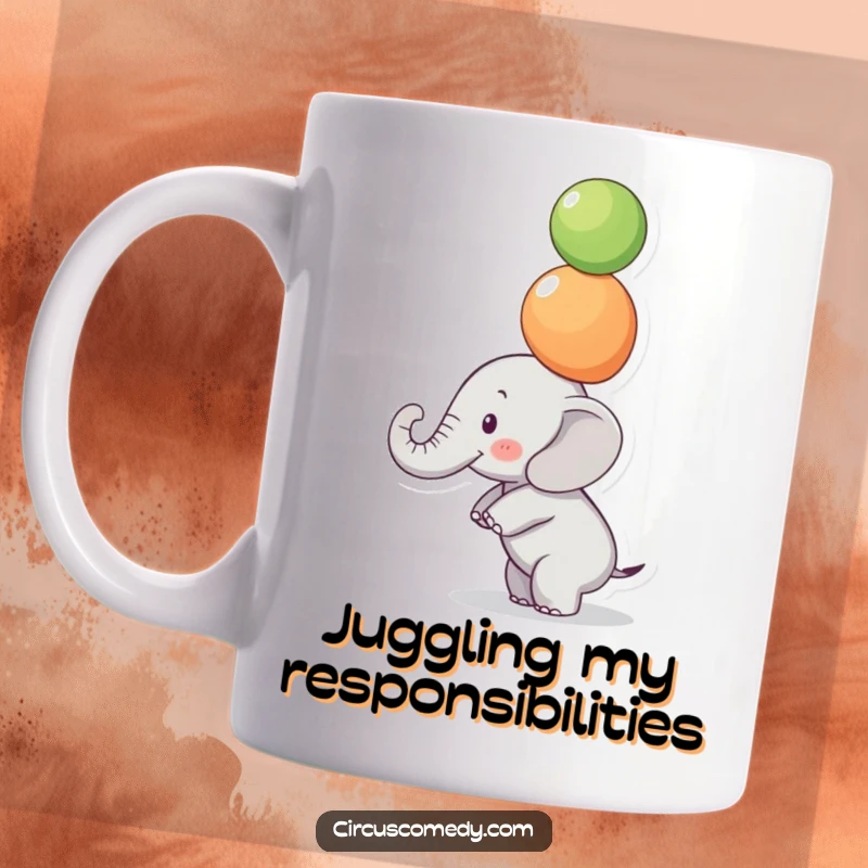 Funny Focused Elephant Ball Mug: A small elephant balances colorful balls on its trunk with intense focus, a humorous and inspiring gift.
