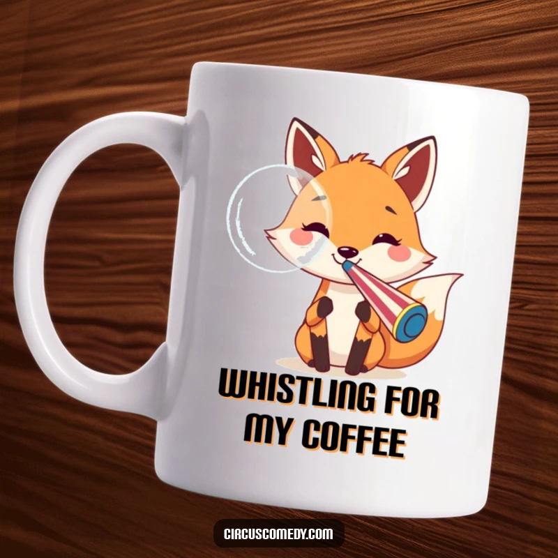 Funny fox mug featuring a cheerful fox exhaling a large bubble from a giant circus whistle, radiating pure joy and fun.