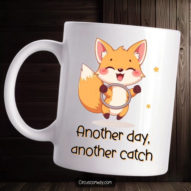 Funny fox mug, a joyful fox enthusiastically catching rings with a hoop, showing playful determination.