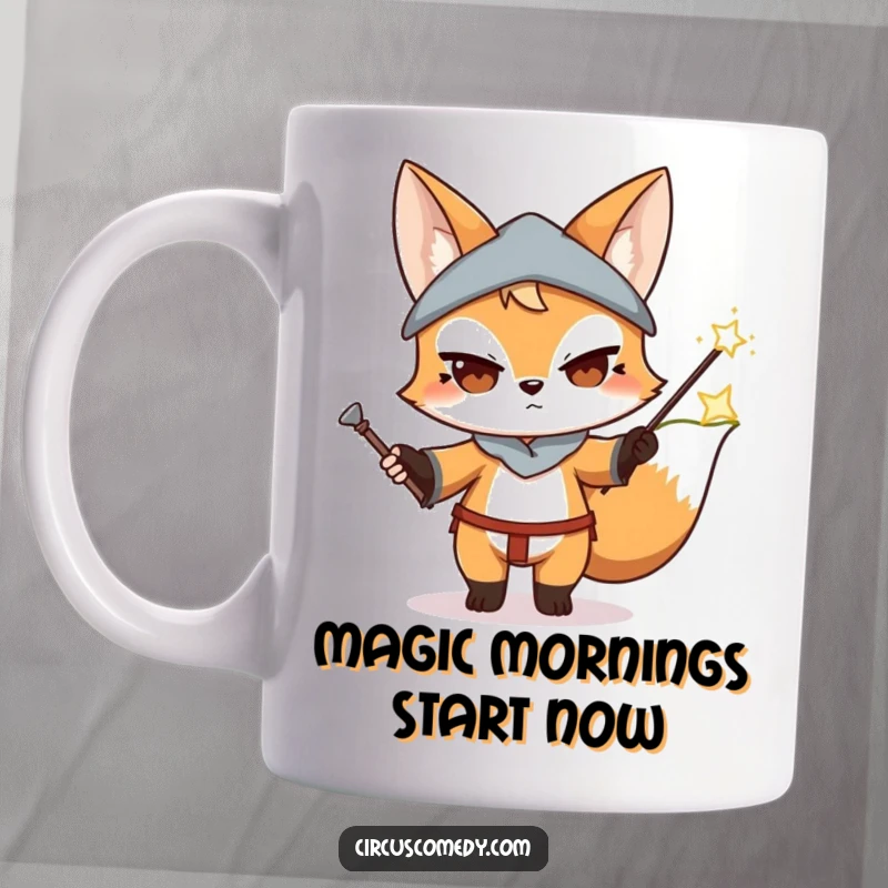 Funny Fox Magician Mug: A determined fox focuses intently, performing a magic trick with a shimmering wand, sparks flying.