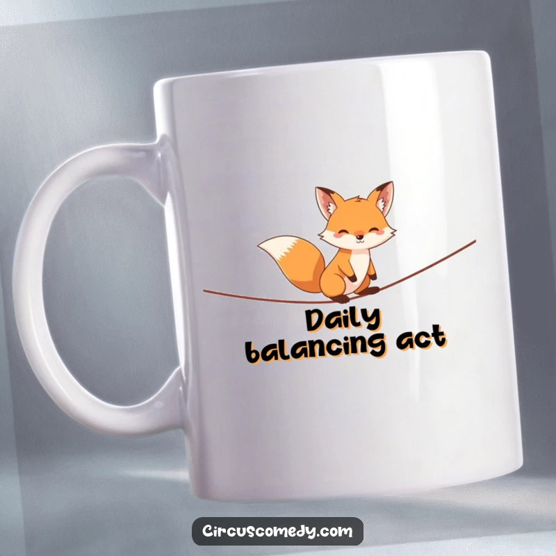 Funny fox mug, slyly balancing on a tightrope with a mischievous grin, embodying daring and wit, a perfect humorous gift.