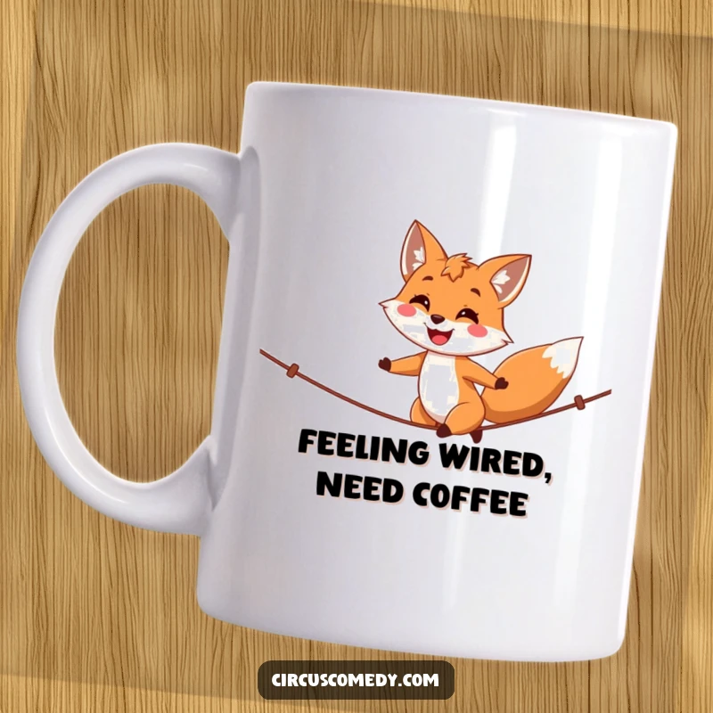 Funny fox mug, a happy tightrope walker with a proud smile, performing with daring balance and joyful expression.