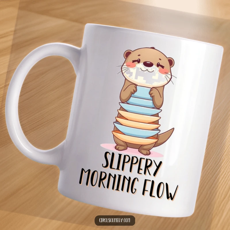 Funny playful otter balancing a tall stack of plates, looking determined, on a mug, humorous and cute gift.