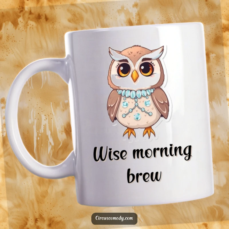 Funny curious owl in a sparkly sequined costume blinking sleepily, on a mug, glamorous and humorous gift.