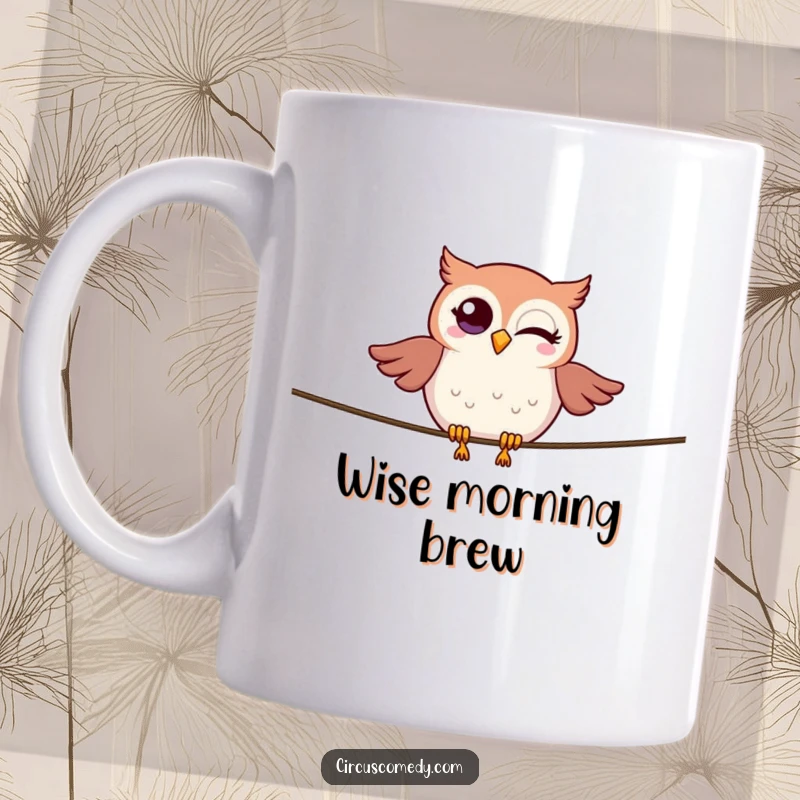 Funny winking owl precariously balancing on a tightrope, showing off its skillful and humorous poise on a mug.