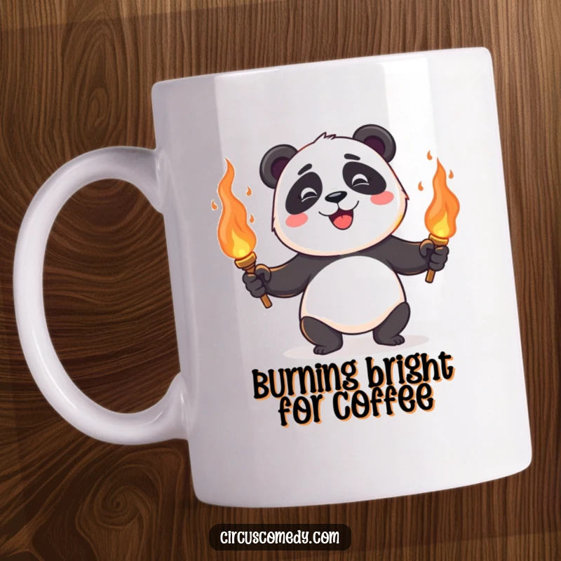 Funny happy panda comically juggling flaming torches with impressive skill and a joyful expression on a mug.