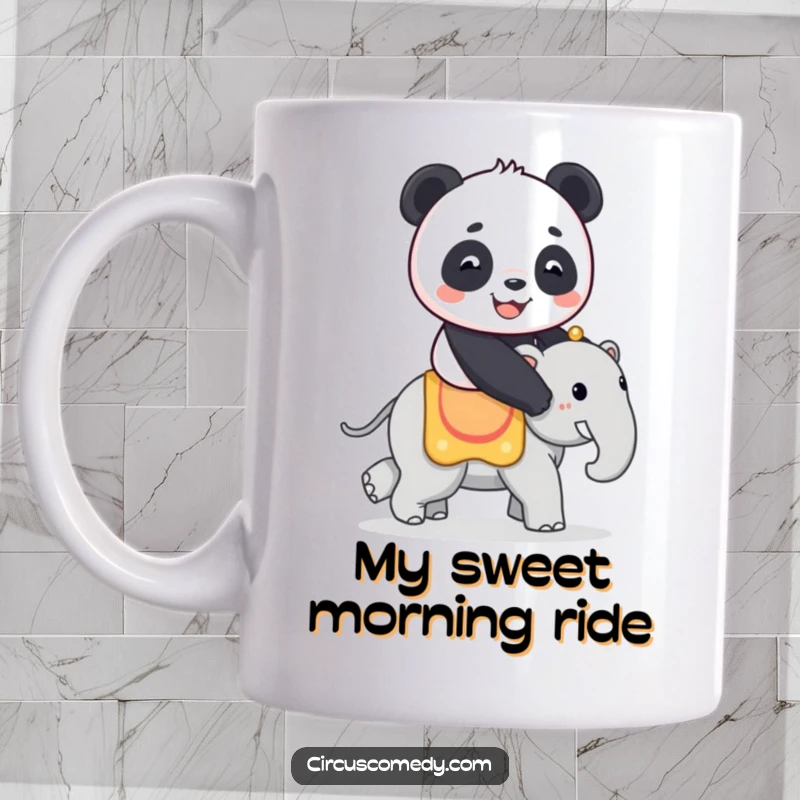 Funny mug showing a happy panda joyfully riding atop a small circus elephant, creating a scene of adorable, whimsical fun.
