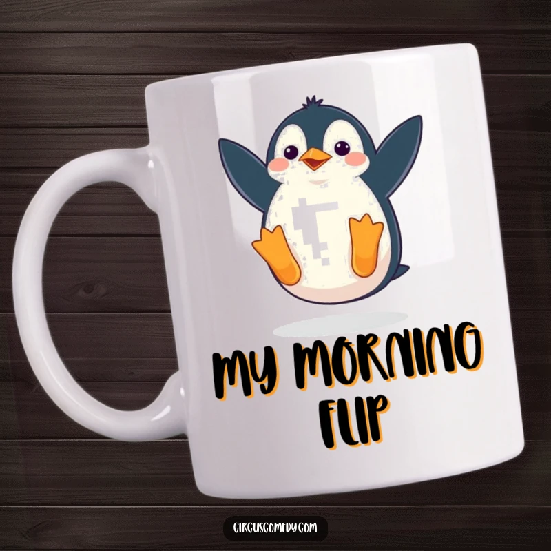Funny mug showing a penguin waddling comically before or after a somersault, capturing a moment of hilarious clumsiness and joy.
