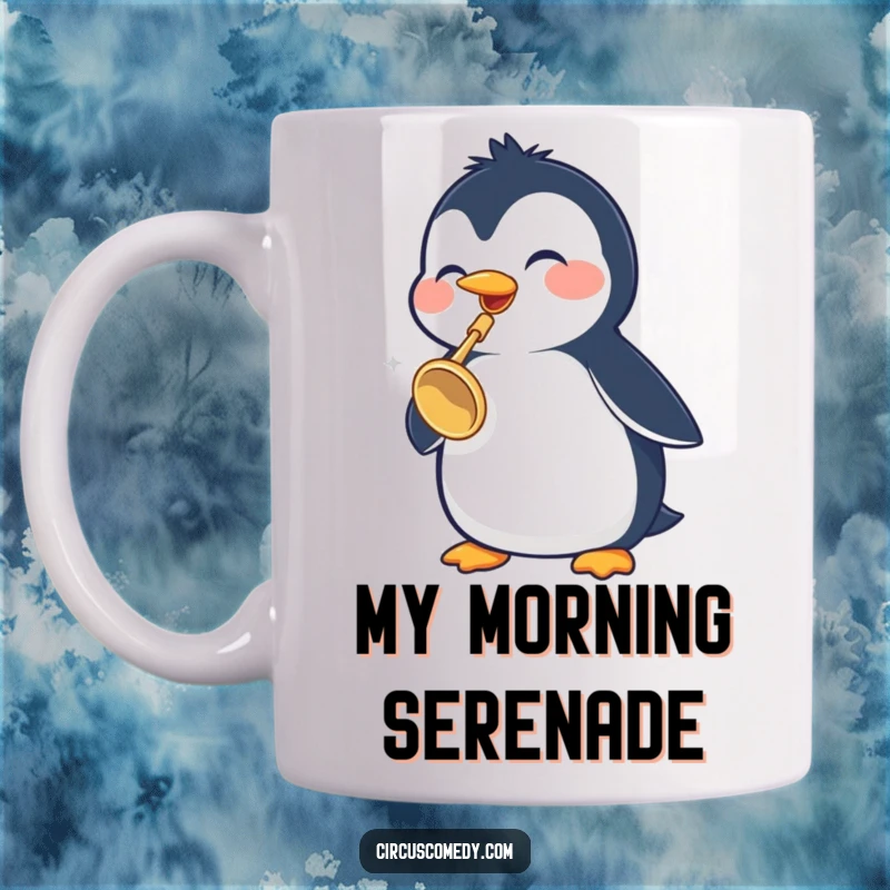 Funny Penguin Mug: A cheerful penguin joyfully plays a tiny trumpet, bringing laughter and musical delight to any desk or kitchen.