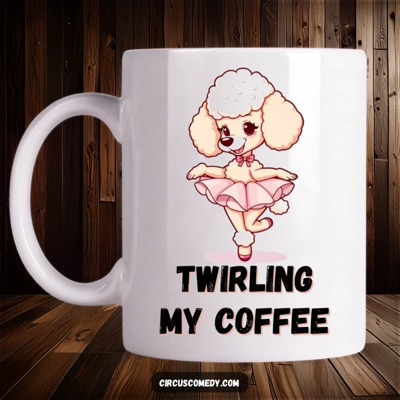 Funny poodle wearing a pink tutu gracefully pirouetting with a determined and happy expression, ready to dance.