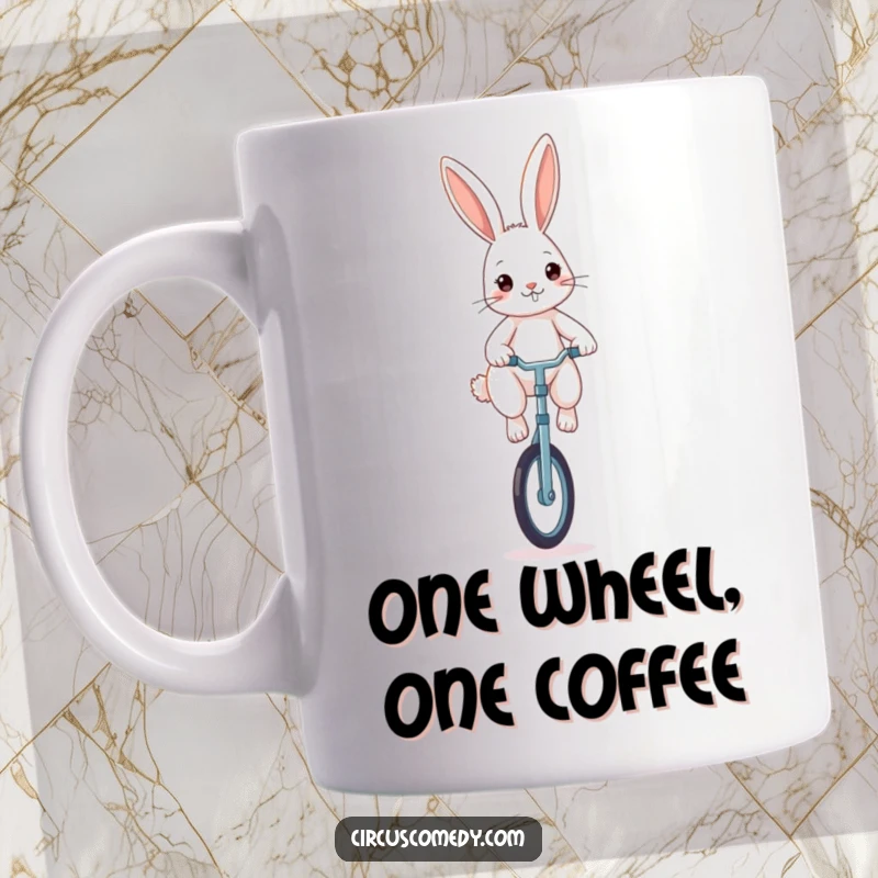Funny rabbit mug, a determined rabbit balancing skillfully on a unicycle, focused and comical.
