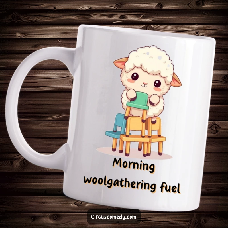 Funny fluffy sheep precariously balancing a tall stack of tiny chairs on its woolly back, depicted on a mug.