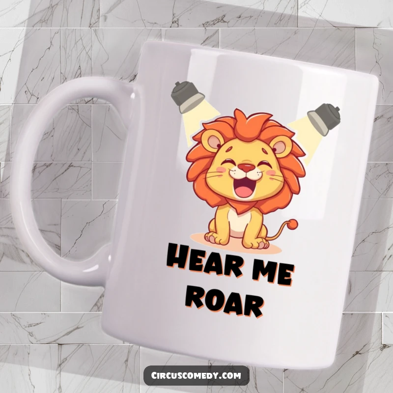 Funny Lion Mug: A delighted lion roaring playfully under a bright spotlight.