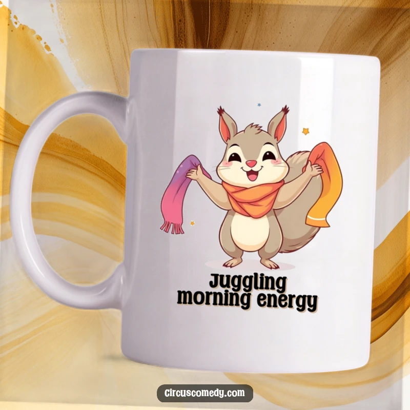 Funny mug showcasing a happy squirrel skillfully juggling multiple brightly colored scarves, radiating joy and playful energy.
