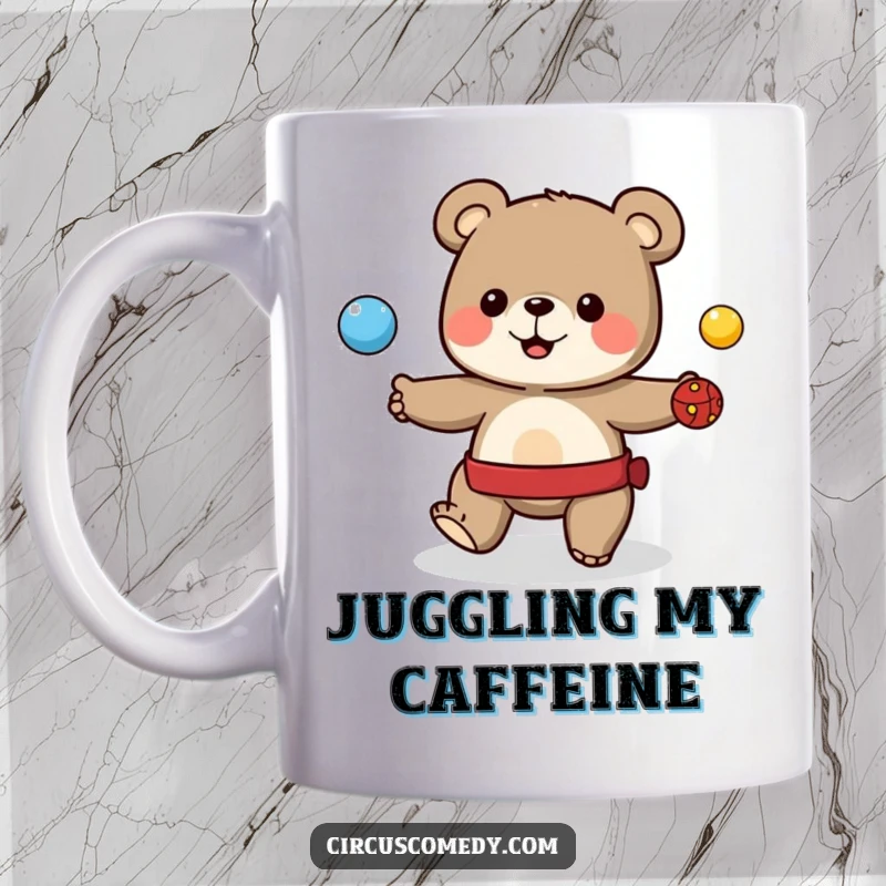 Funny mug featuring a cute bear skillfully juggling colorful balls in a circus center ring.