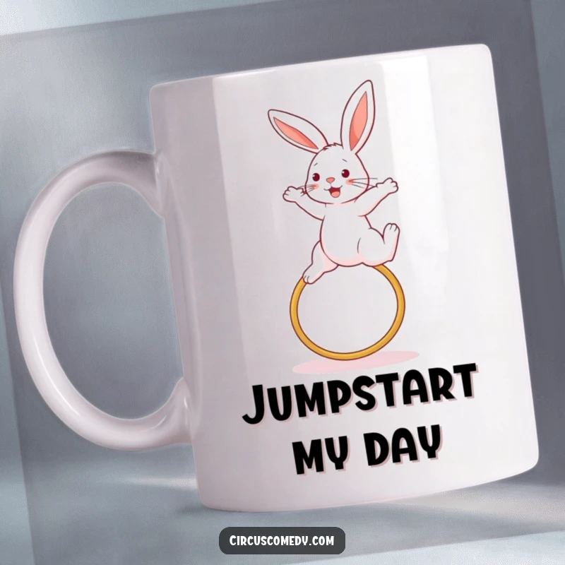 Funny rabbit mug, energetically high-jumping over a hoop with a determined yet happy expression, embodying athletic fun, a great gift.
