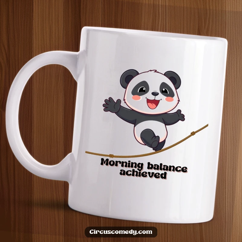 Funny panda mug featuring a smiling panda confidently walking a tightrope with cheerful determination, a symbol of brave fun.