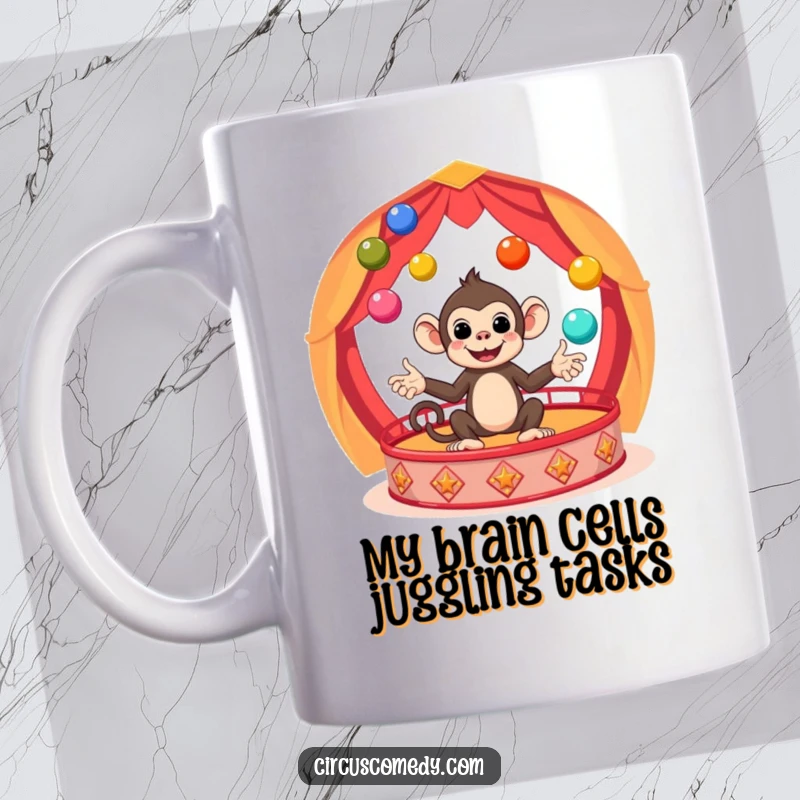 Funny Monkey Circus Mug showing a cute primate expertly juggling colorful balls with a joyful expression, a hilarious gift idea.