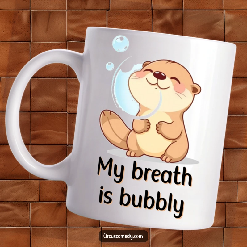 Funny mug showcasing a giggling otter joyfully blowing a huge, iridescent bubble, radiating pure, playful happiness and amusement.