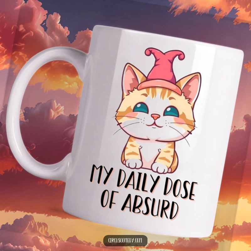 Funny cat mug, a contented cat wearing a small, colorful jester hat, radiating quiet amusement.