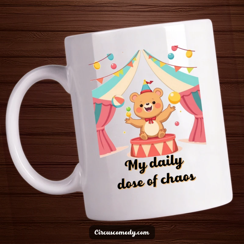 Funny Bear Juggler Circus Mug: A happy bear artistically juggles vibrant balls under a circus tent, showcasing his joyful performance.