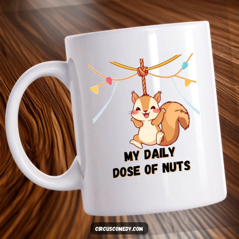 Funny squirrel in a circus tent swinging gleefully from a rope, illustrating pure acrobatic joy and a playful spirit.