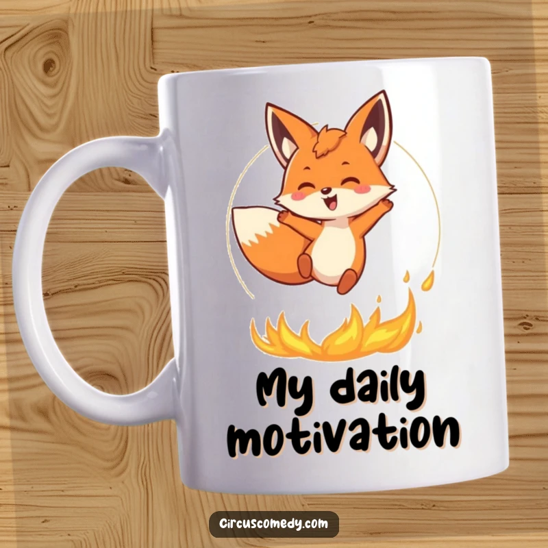 Funny Fox Mug: A happy fox bravely leaps through a flaming ring, showcasing daring spirit and humorous energy in this funny mug.
