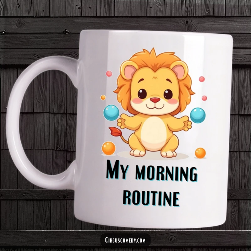 Funny mug with a cute lion character joyfully juggling small colorful balls with intense concentration and a playful spirit.