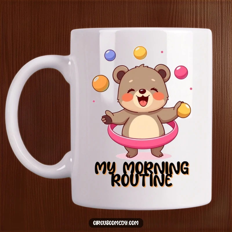 Funny bear cub mug, happily juggling colorful balls in a circus ring, embodying joy and playful skill, a perfect gift.
