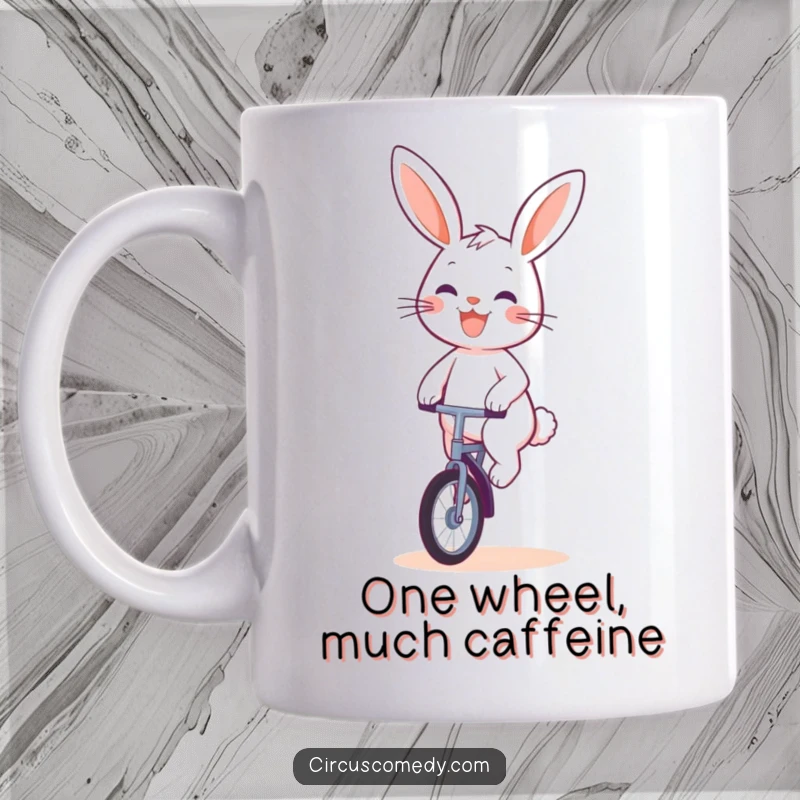 Funny Rabbit Unicyclist Mug: A cute rabbit with a wide, cheerful grin rides a unicycle with impressive balance and joy.