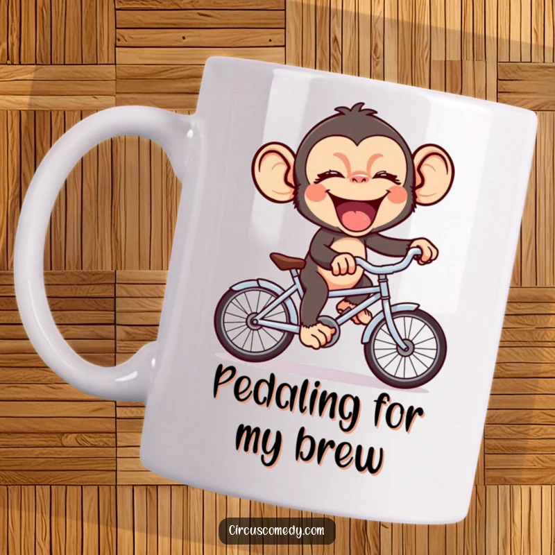 Funny chimp giggling uncontrollably while comically pedaling a ridiculously small bicycle, pure silliness captured on a mug.