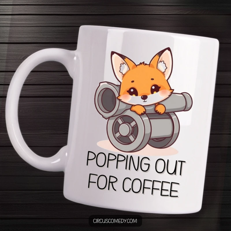 Funny curious fox with wide eyes peeking inquisitively from the barrel of a cannon, a humorous and surprising mug design.