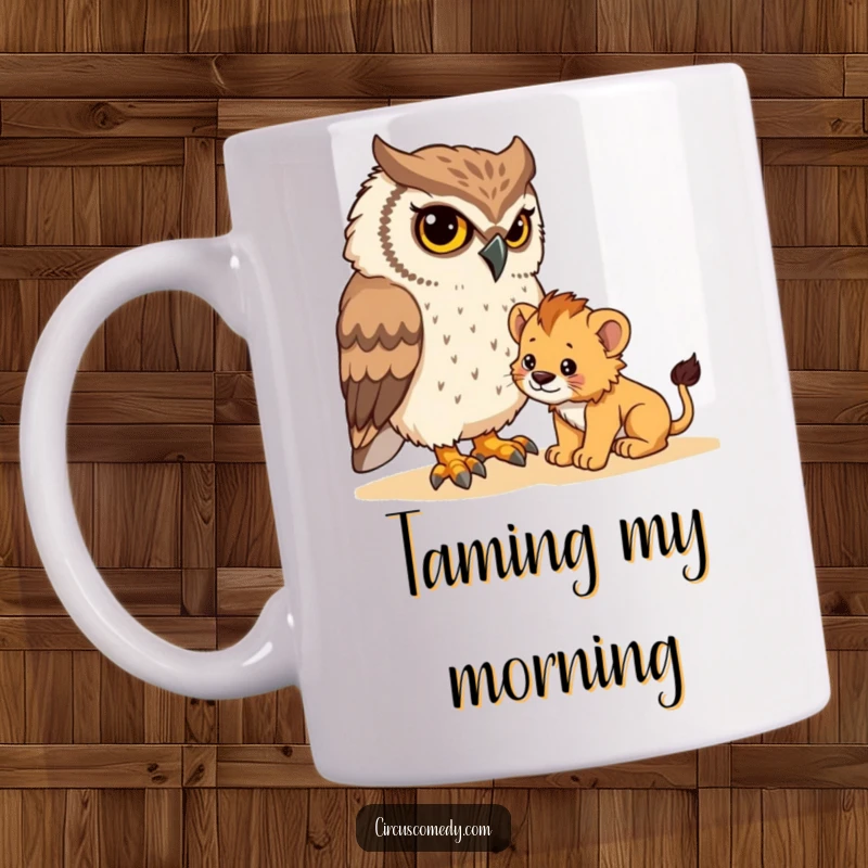Funny mug showing a stern owl attempting to gently control a mischievous, tiny lion cub, highlighting a comical struggle for dominance.