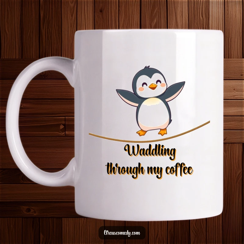 Funny Penguin Tightrope Mug showing a curious penguin with outstretched wings balancing precariously on a tightrope, a whimsical and funny gift.