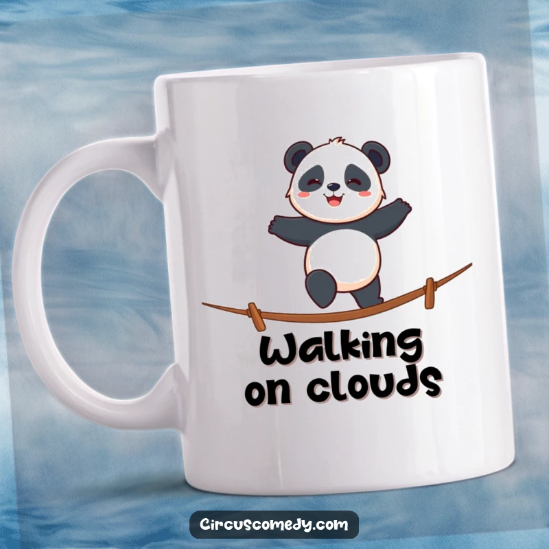 Funny panda mug showing a smiling panda walking a tightrope with cheerful determination and grace.