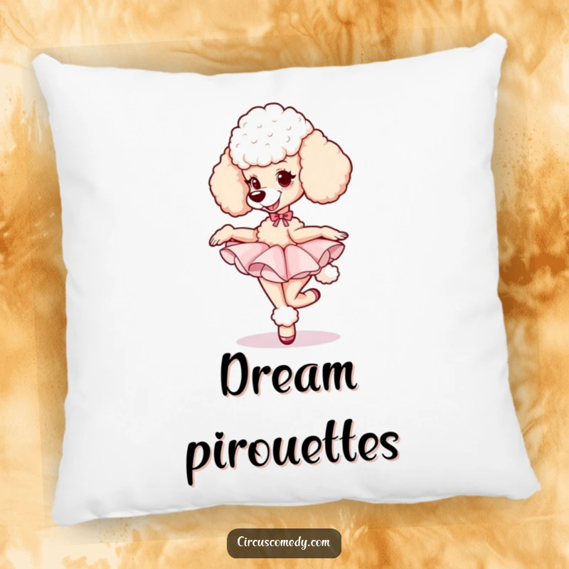 Funny poodle wearing a tutu, captured in a graceful pirouette, exuding a determined yet happy and serene expression.