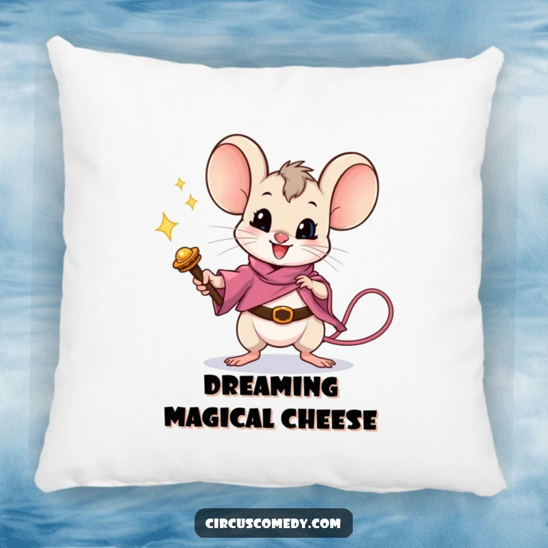 Funny mouse performing a magic trick with a wand on a soft pillow, adding a humorous and magical touch.