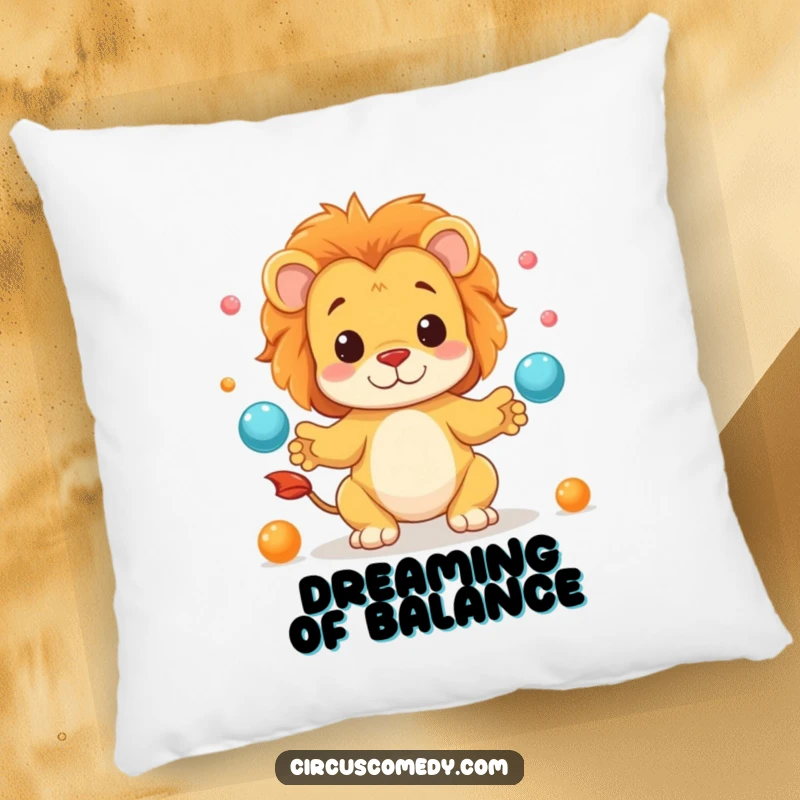 Funny pillow featuring a cute lion successfully juggling several small items with a pleased expression and flair.