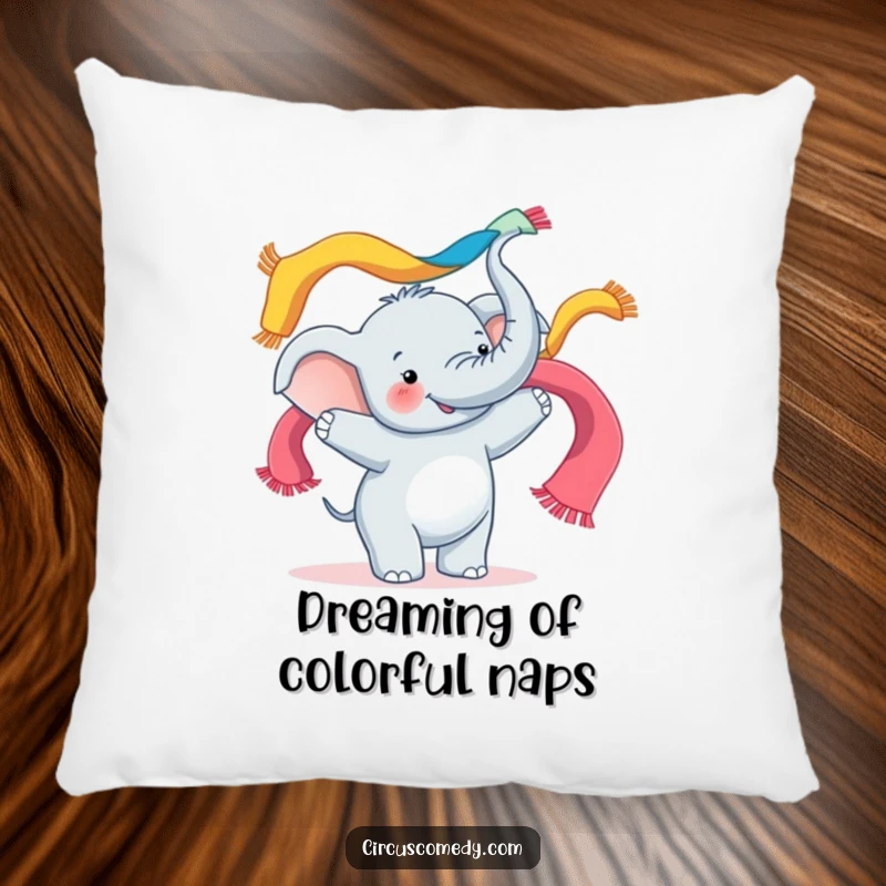 Funny pillow design of a happy elephant juggling colorful scarves with its trunk, adding a touch of whimsical comfort.