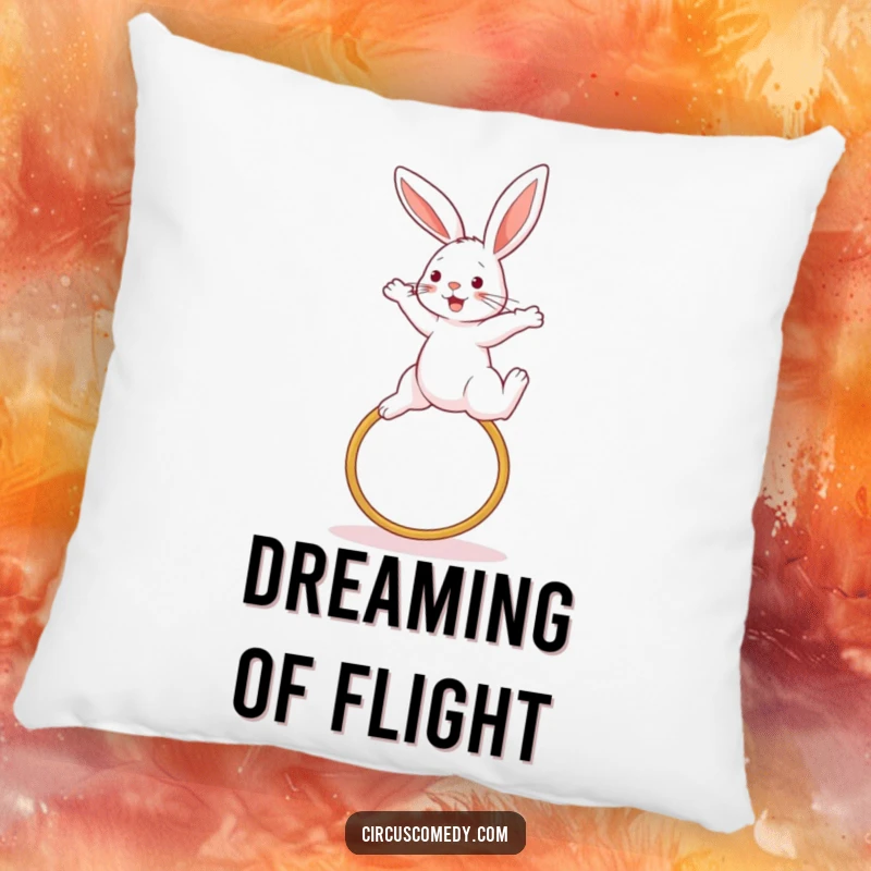 Funny rabbit pillow, captured in an athletic high jump over a hoop, offering comfort and sporty cheer, a fun decorative accent.