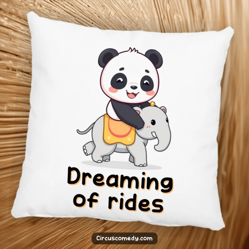 Funny pillow featuring a happy panda riding a small circus elephant, perfect for adding whimsical comfort and humor to any room.