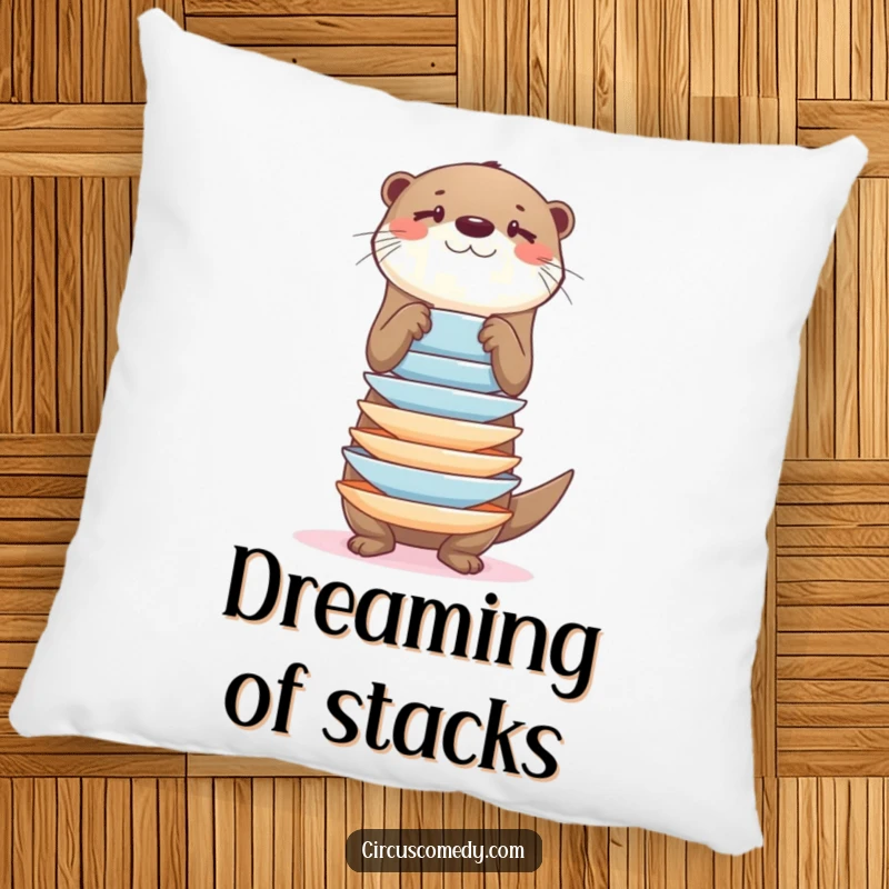 Funny otter balancing a stack of plates on a plush pillow, a delightful and humorous accent.