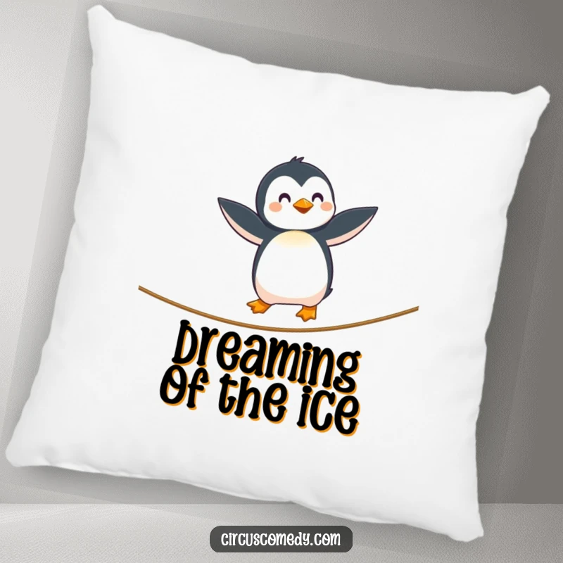 Funny Penguin Tightrope Pillow with a curious penguin balancing on a tightrope, providing cozy comfort and whimsical decoration, an ideal funny gift.