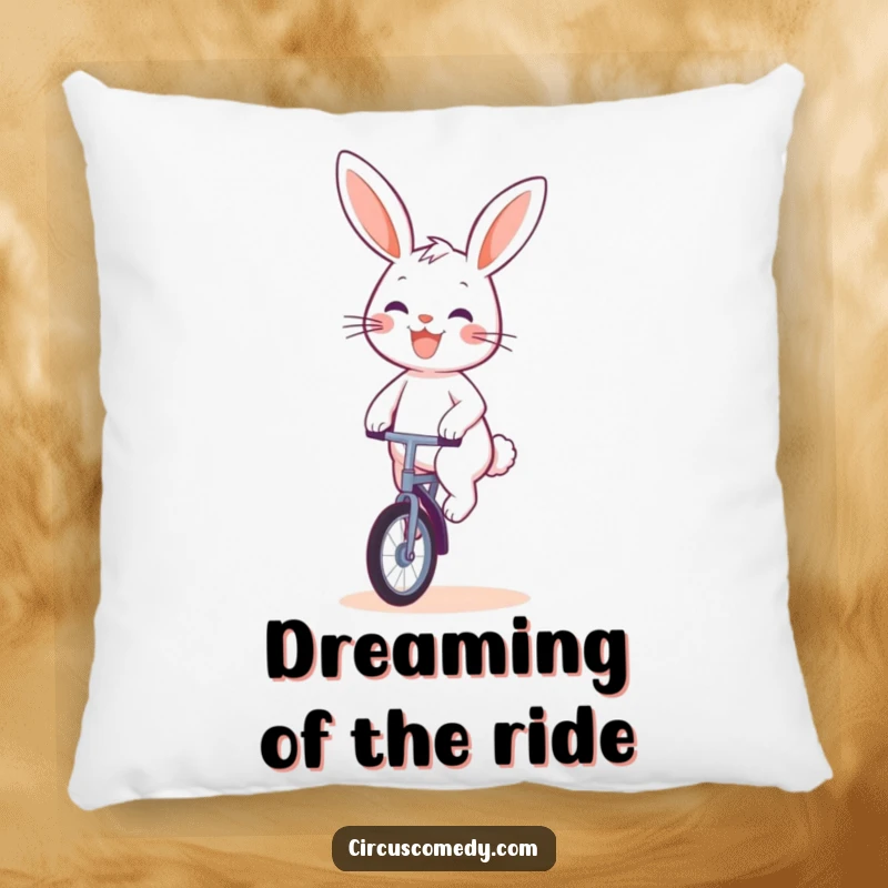 Funny Rabbit Unicyclist Pillow: A soft decorative pillow featuring a cute rabbit grinning as it rides a unicycle.